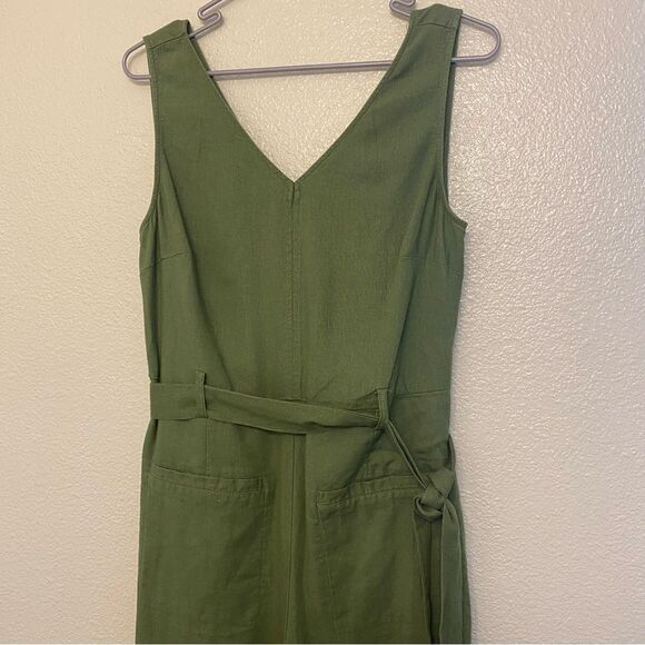 Dip v neck linen blend green tie waist lagenlook boho jumpsuit romper wide leg 6 - Picture 3 of 12